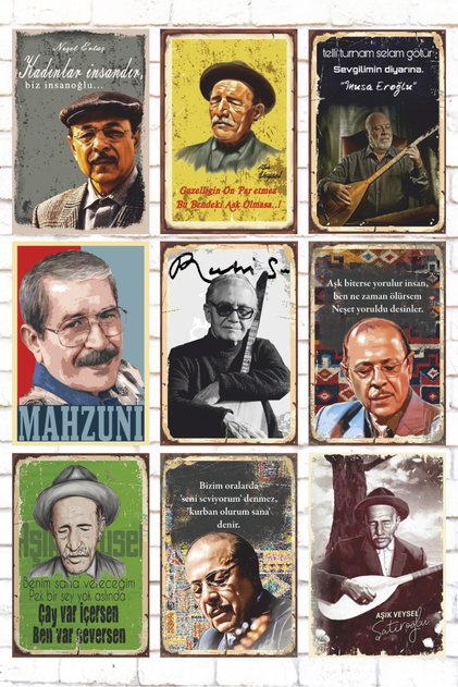 9 Piece Mixed Wood Painting Set Folk Music Lovers Bards Retro Wooden Poster Set
