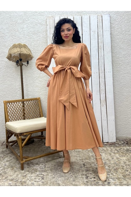 Camel Long Bow Flared Poplin Dress