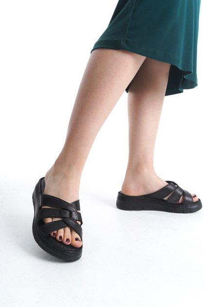 Genuine Leather Black Orthopedic Sole Women's Slippers Tmd 202565
