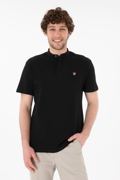 Men's Regular Fit Judge Collar Black Basic T-Shirt 50305914-Vr046