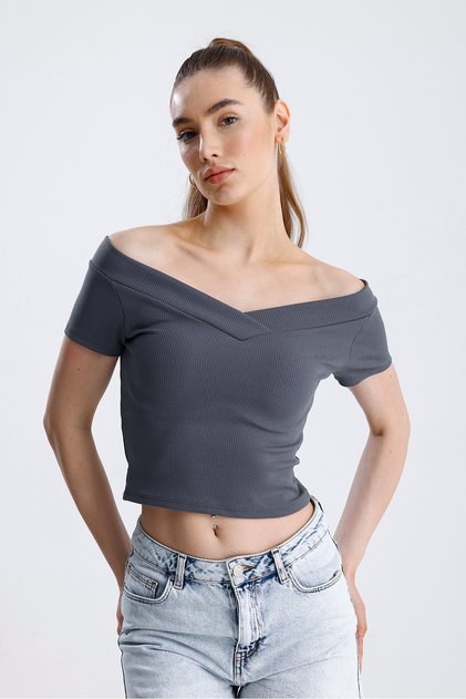 Women's Short Sleeve Bustier Crop Ribbed Front Back V