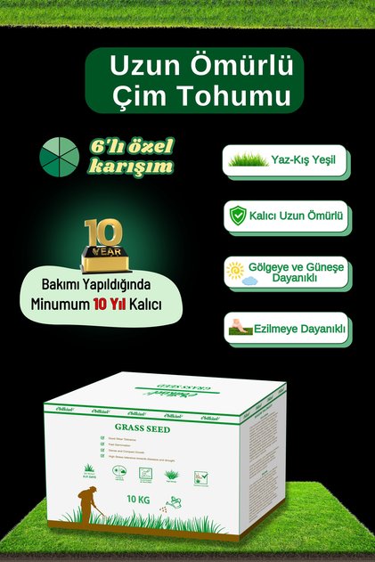 Çok Yıllık Çim Tohumu 10 Kg Uzun Ömürlü 6lı Karışım Gölge ve Aşırı Güneşli Alan Uygun 4 Mevsim Yeşil