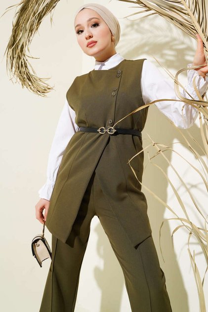 Women's Cross Mini Buttoned Vest with Belt Double Set