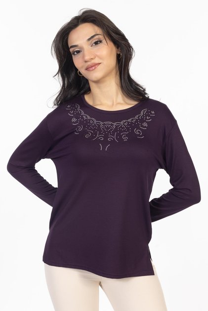 New Model Stone Embroidered Round Collar Lycra Mother's Combed Cotton Blouse 6420