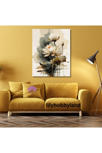 Renkli Baskılı Sayılarla Boyama Hobi Seti (Çerçeveli) 60x75 cm: Lotus Çiçeği