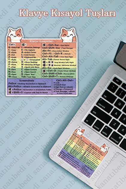 2 Adet Kedili Klavye Kısayol Tuşları Sticker - Suya Dayanıklı 8x8 Cm Laptop Etiket