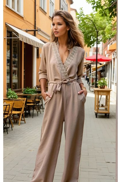 Women's Elastic Waist Belt in Pocketed Comfortable Sleeves Foldable Double-Breasted Straw Collar Jumpsuit 2946462
