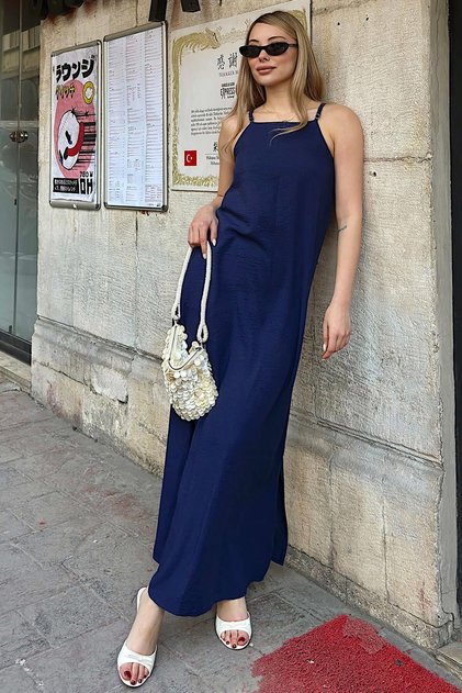 Navy Blue Thin Strap Halter Neck Double Slit Linen Blend Women's Midi Dress