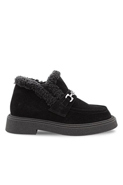 Metal Tokalı Kürklü Kadın Bot Siyah Süet (BLACK SUEDE)
