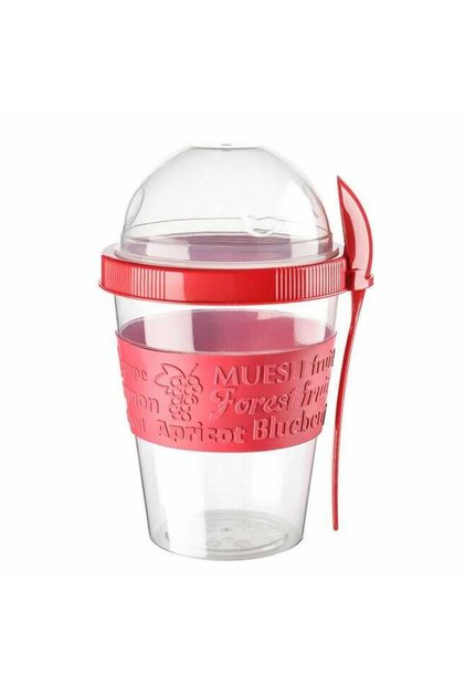 Pahar Pentru Iaurt Cu Recipient Cereale Si Lingurita, 600 Ml,recipient Transparent, Rosu, Take Away