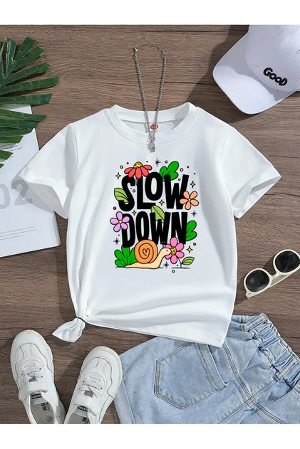 Slow down Printed Premium Tshirt with Crew Neck for Girls