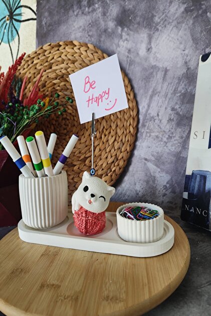 Decorative Cute Cat Notepad, Pen Holder and Paper Clip Holder Set, 4-Piece Desktop Organizer