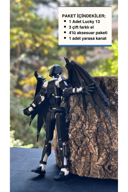 Lucky 13 Aksiyon Figürü Robot Oyuncak 13cm Siyah Beyaz ve Yarasa Kanat Seti