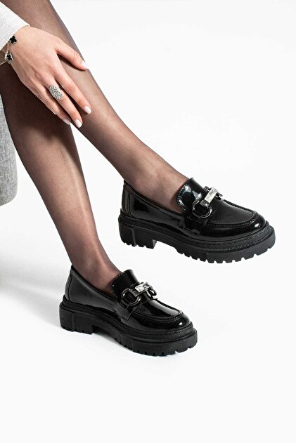 Black Patent Leather Shiny Stone Buckle Women's Loafer Shoes Sole Stitched