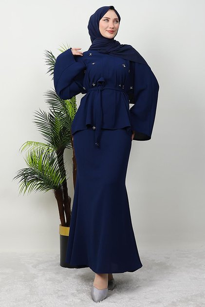 Stoned Skirted Double Suit Navy Blue