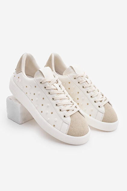 Marjin Kadın Sneaker İncili Zımpalı Spor Ayakkabı Lenso Bej