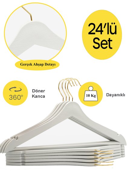 24 Adet Beyaz Ahşap Görünümlü Plastik Askı Kıyafet Elbise Gömlek Askısı Gold Kancalı