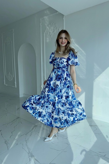 blue and white square neck dress Blue Floral Square Neck Puff Sleeve Midi Dress S