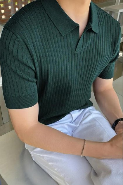 Ανδρικό πλεκτό μπλουζάκι Lorens ριγέ Lycra Slim Fit Polo γιακά