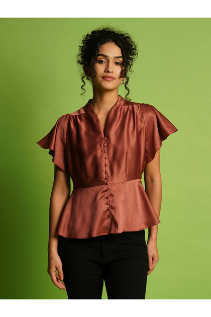 Solid Satin V-Neck Flute Sleeve Buttoned Top