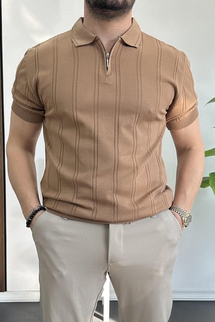 Men's Polo Neck Zippered Patterned T-Shirt Brown Edw262