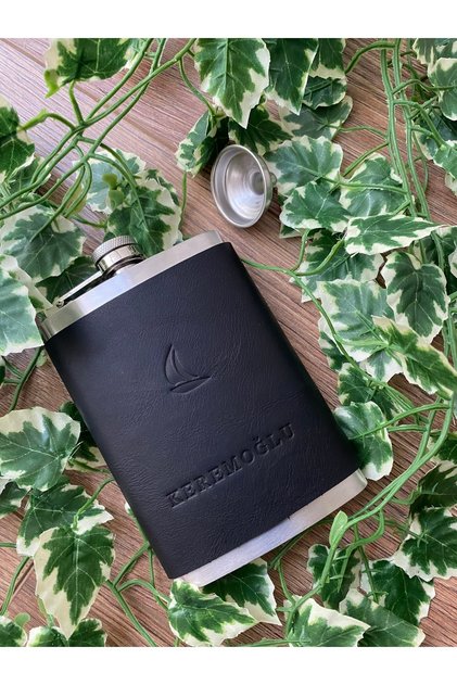 (We Write the Name) Leather Covered Steel Whiskey Cognac Flask - Hand Stitched Genuine Leather