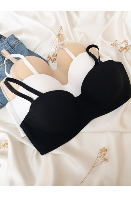 3-Piece Gathered Underwire Non-Padded Bra (Black-White-Skin)