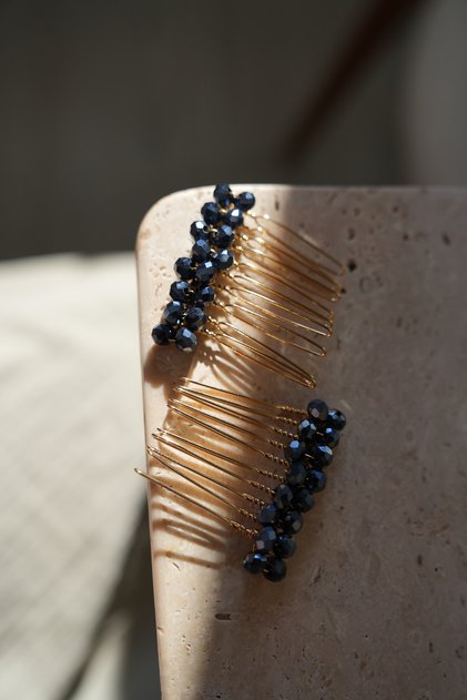 2 Pieces Crystal Beaded Gold Mini Comb Buckle, Engagement-Wedding Hair Accessory, 4 cm