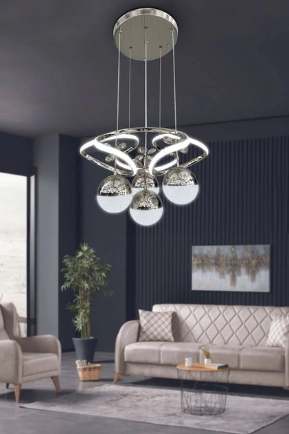 Hemera Modern Kumandalı Led Sarkıt Avize 3 Renk 4 Bölmeli Krom Kaplamalı Toplu Kelebek Taşlı