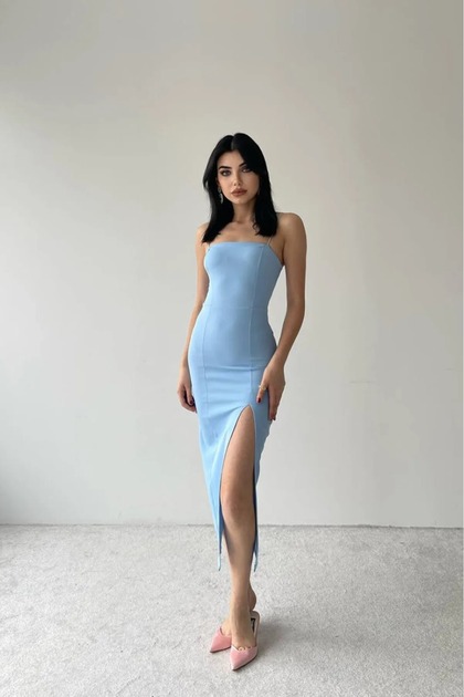 Women's Black Strapless Collar Strap Slit Midi Dress