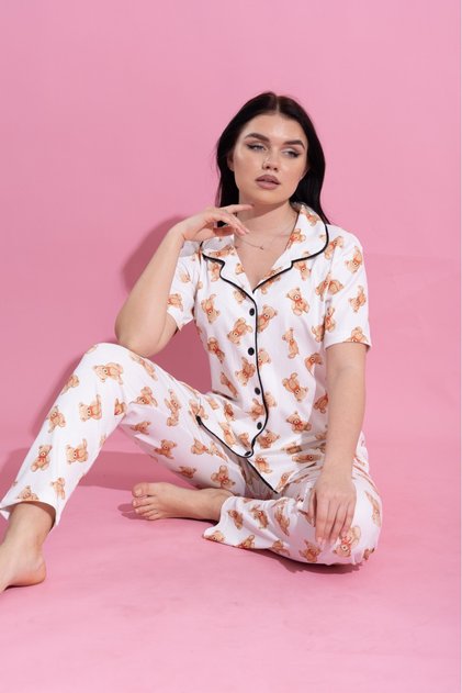 Ayicik - Shirt-Collar Buttoned Pajama Set, Loose Fit