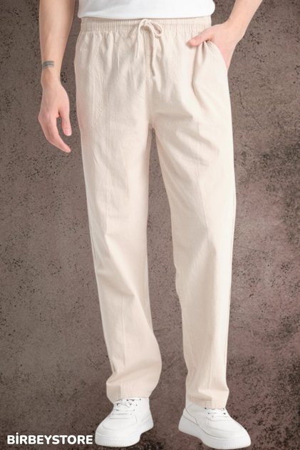 Summer Linen Trousers Raw Fabric Sweatpants Elastic Waist Unisex Comfortable Fit (Beige)