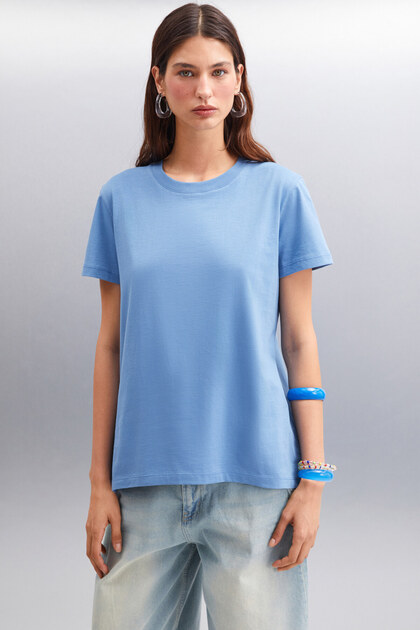 Jemmy Kadın %100 Organik Pamuk Relaxed Fit Yırtmaçlı Yuvarlak Yakalı İndigo T-Shirt