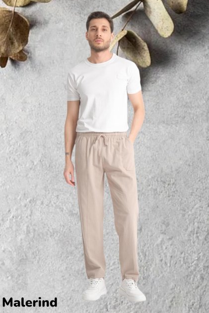 Elastic Waist Linen Sweatpants Thin Fabric Summer Pants (Earth)