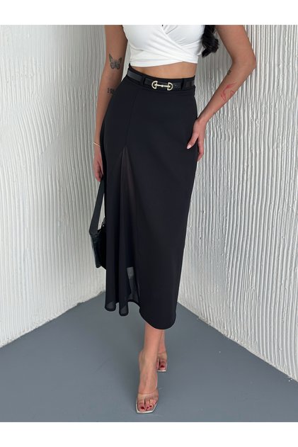 Tulle-Detail Flawed Skirt with Belt / Maxi Length Flawed Skirt with Transparent Tulle Detail on the Front