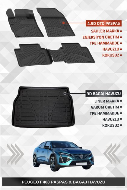 Peugeot 408 2022+ Uyumlu 4.5d Premium Havuzlu Paspas ve Liner Marka 3D Bagaj Havuzu