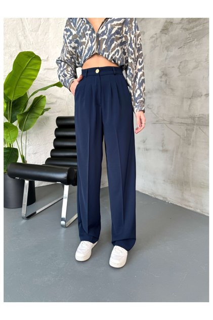 Navy Blue Gold Button Detailed Palazzo Trousers