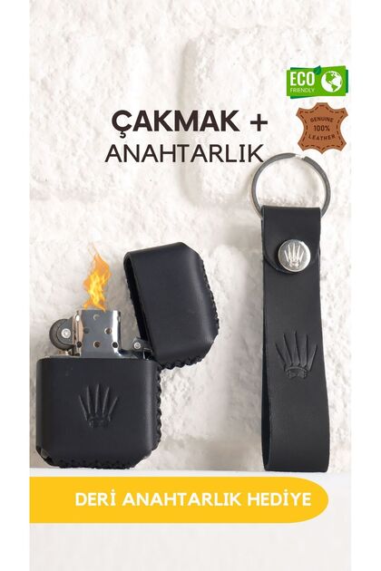 HAKİKİ DERİ PARLAK SİYAH KILIFLI BENZİNLİ ÇAKMAK