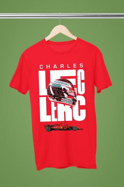 Unisex Bisiklet Yaka Pamuklu Charles Leclerc Kask Baskılı Standart Kalıp T-shirt