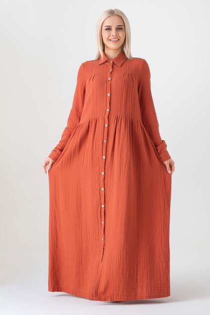 Muslin Fabric Front Buttoned 100% Natural Cotton Fabric Summer Long Hijab Dress - Tile
