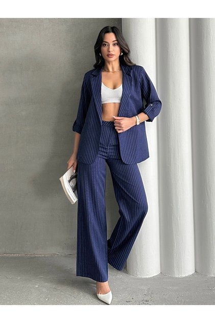 Women's Sleeve Folded Striped Blazer Jacket and Palazzo Pants Two Piece Set