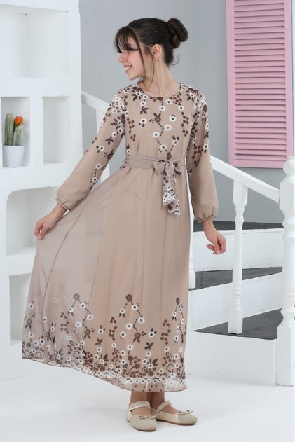 Girl's Floral Patterned Chiffon Long Hijab Dress