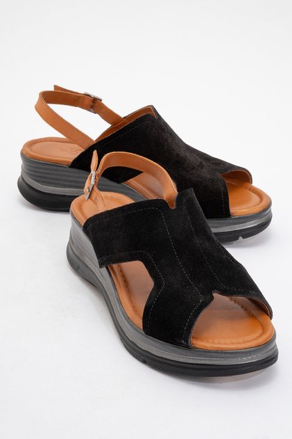 Seremy Coated Genuine Leather Sandals Black Suede-Tan