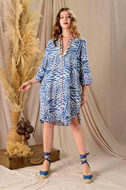 Park Moda Women's Marine Pattern Cotton Blue Summer Thin Short Dress with  Dominant Collar Pocket Beach Holiday Dress- Trendyol
