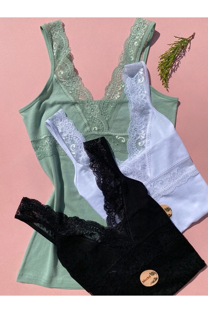 Cotton Modal Fabric V-Neck Lace Strap Box Packaging 3 Green, White, Black Undershirts