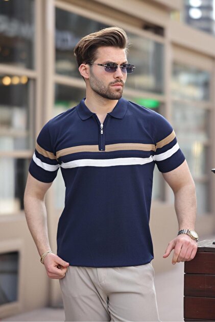 Pedestal polo t ロンt Madmext Lacivert Fermuarlı Polo Yaka Triko Erkek T-shirt E7299