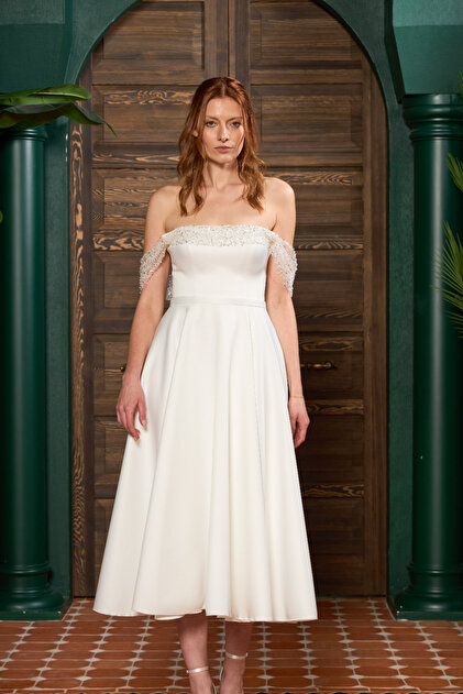 Lenta Wedding White Plated Lace Detailed Midi Length Low Sleeve Engagement  and Evening Dress- Trendyol