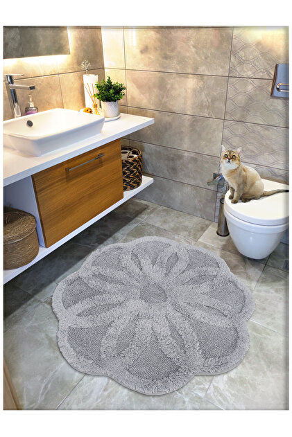 Pamuk Tafting Su Emici Banyo Paspası, Banyo Halısı Lotus 100 X 100 Cm Gri