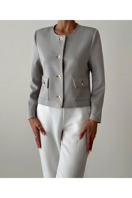 Kadın Gri Modal Crop Blazer Ceket