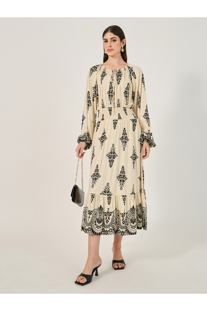 All Over Print Smocked Detail A-Line Midi Dress